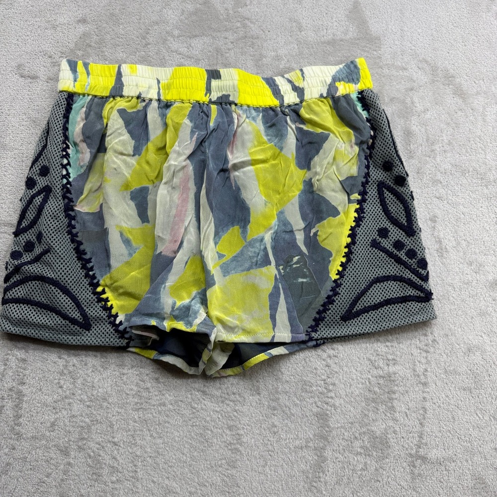 Anthropologie Chloe Oliver Shorts Women XS Yellow Grey Abstract Mesh Embroidered